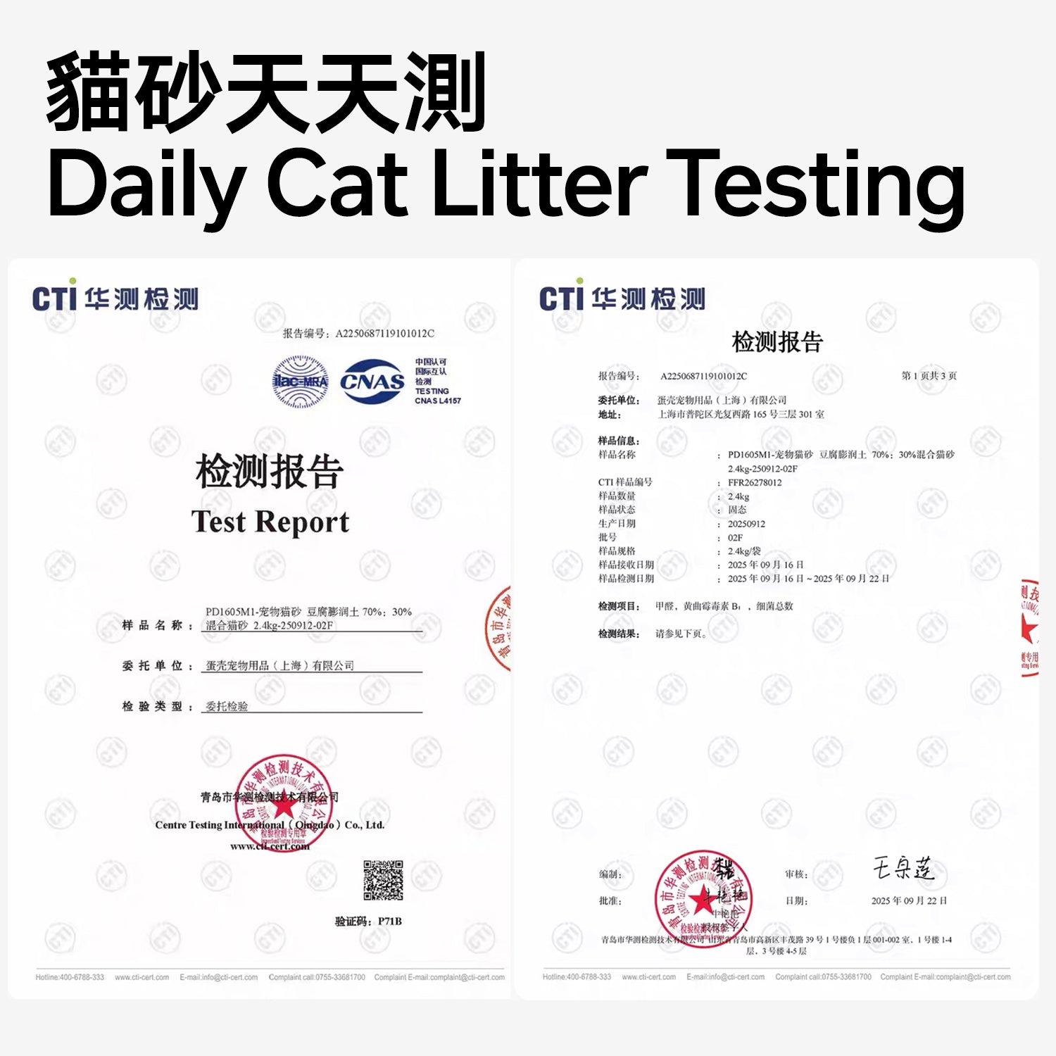 Daily cat litter testing report with certification logos on a white background