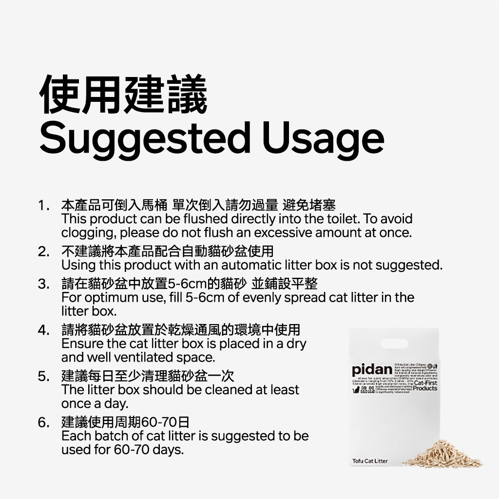 Cat litter packaging with usage instructions and brand name 'pidan' on a white background