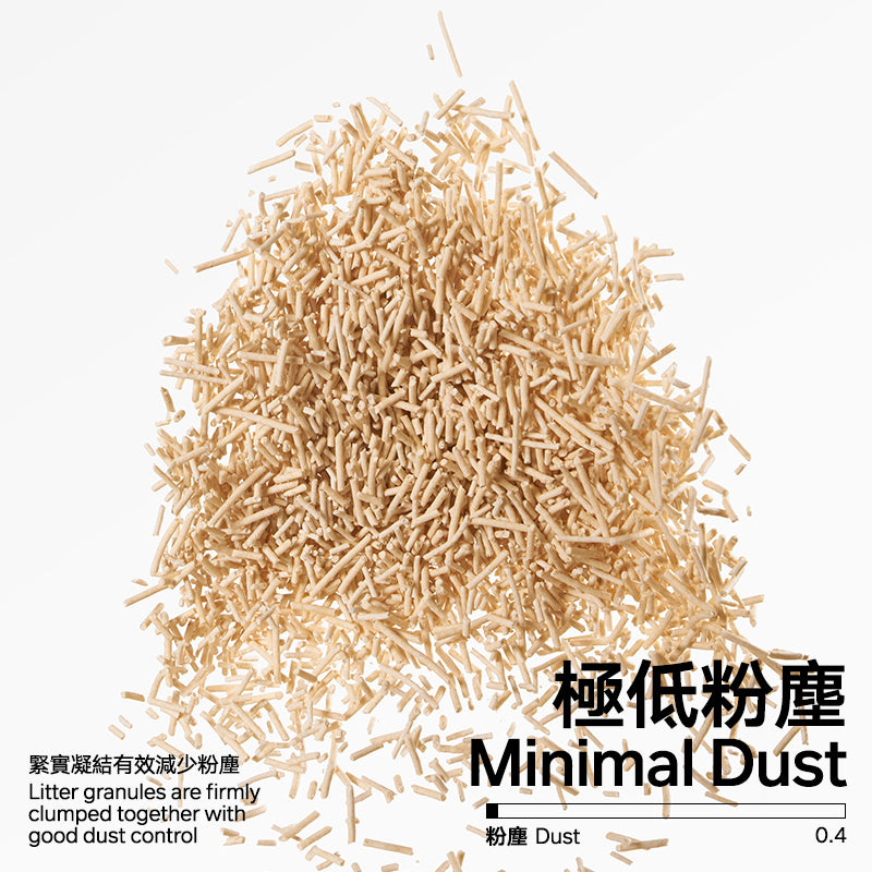 Pile of beige litter granules with text indicating minimal dust on a white background